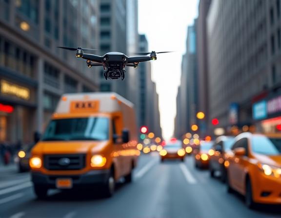Last-mile delivery operations in Manhattan with smart parcel lockers and urban logistics fleet